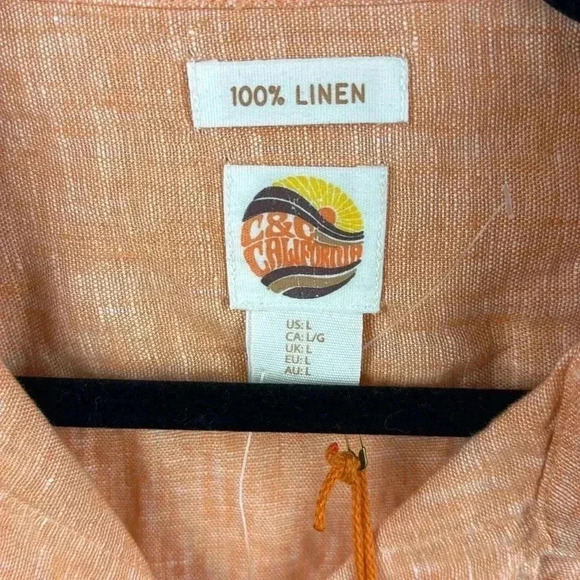 C And C California Shirt Adult Large CORAL 100% Linen Button Up Pocket Mens NEW - Picture 2 of 4